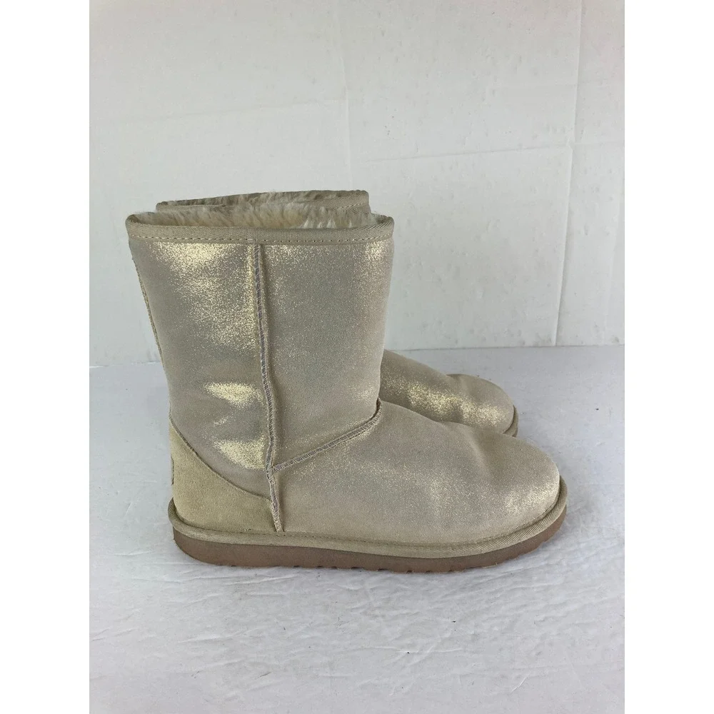 UGG Classic Short Sparkle Boots Women 6 Gold Metallic Shearling Lined Designer